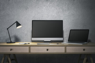 Poster - Modern minimalistic designer office interior with blank computer and laptop monitors. Mock up, 3D Rendering.