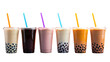 Various Bubble Tea or Boba on white isolated on clear png background and transparent background. food drink and dessert concept for cafe and restaurent, AI generative.	