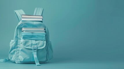 Wall Mural - Back to school concept with blue backpack filled with school supplies such as textbooks and notebooks against matching blue background. Education and preparation for academic chall