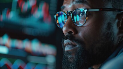 Poster - Focused financial analyst assessing market data on computer screens in dimly lit office. Investment strategies and market analysis.