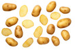 A Pile of Potatoes on. A multitude of raw potatoes stacked on top of each other in a messy pile against a plain white background. The potatoes vary in size shape.