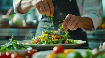 Wall Mural - Professional chef garnishing fresh vegetable salad with microgreens in modern restaurant kitchen. Culinary arts and healthy eating.