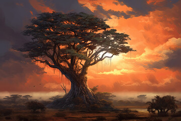 Wall Mural - Illustration of stunning old tree against beautiful red fire sunset sky