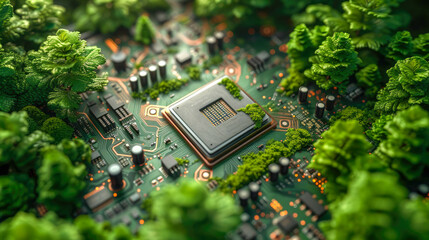 Poster - Close-up of green tree growing on computer circuit board. Technology concept