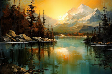 Wall Mural - Beautiful illustration of stunning mountain range landscape with vibrant colours at sunset or sunrise