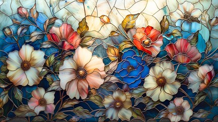 Wall Mural - Stained glass window background with colorful Flower and Leaf abstract.