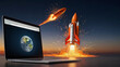 Rocket launch from laptop screen. Rocket taking off. Business Start up, Launching new product or service. Successful start-up