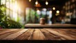 Wooden Table in Empty Restaurant with Bokeh Light and Rustic Design