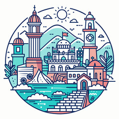  T-shirt sticker of Incorporate intricate line art depicting iconic landmarks of coastal destinations