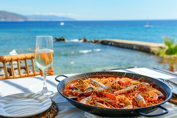 traditional Spanish paella with seafood, Mediterranean