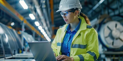Wall Mural - Female engineer uses computer to control machinery in an industrial factory