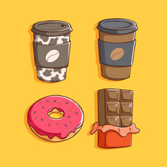 Wall Mural - set of sweet coffee cup, donut and chocolate with doodle style on yellow background