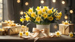
luxurious bouquet of yellow daffodils and gift boxes. holiday concept.