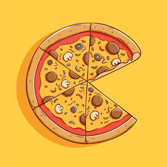 Wall Mural - tasty round pizza slice with doodle style on yellow background