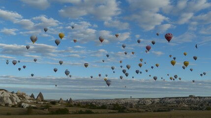 Sticker - a large group of hot air balloons flying in the sky above a field of grass and rocks with a mountain in the background.