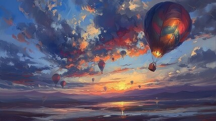 Wall Mural - a painting of a hot air balloon flying in the sky over a body of water with a sunset in the background.