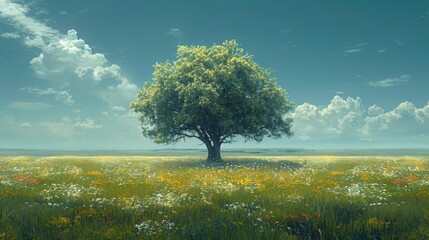 a painting of a tree in the middle of a field with wildflowers in the foreground and a blue sky with clouds in the background.