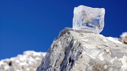 Wall Mural - a piece of ice sitting on top of a rock next to a snow covered mountain under a clear blue sky.