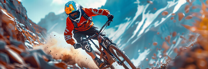 Wall Mural - a mountain biker in mid-air against a rugged mountain backdrop. The biker is wearing a vibrant protective gear set, with a helmet, and the bike is well-equipped for rough terrain