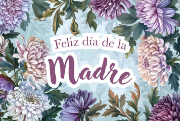 Vector watercolor banner with beautiful flowers framed for mother's day. Feliz dia de la madre