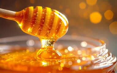 A vivid close up image of honey trickling from a dipper