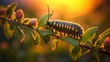 Close-up of a caterpillar on a flower stalk during a mild sunset. Nature, Landscape, Golden Hour, Summer, Animals, Insects, Wildlife concepts.