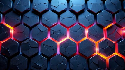 Wall Mural - Black metal hexagon pattern with blue light trendy neon wall background