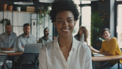 Sticker - Smiling businesswoman with team in the background at modern office.