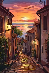 Sticker - illustration cartoon, view of an old European street at dusk