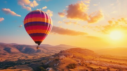 Wall Mural - a hot air balloon flying in the sky over a mountain range with a sunset in the background and clouds in the sky.