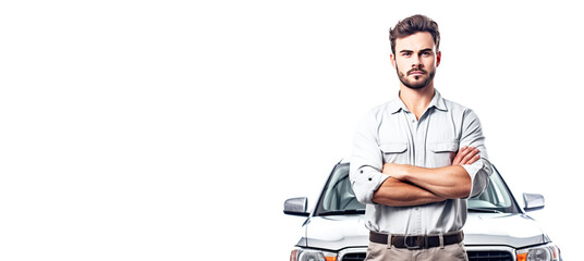 Wall Mural - Close up of male car mechanic emotionally irritated, angry, white background isolate.