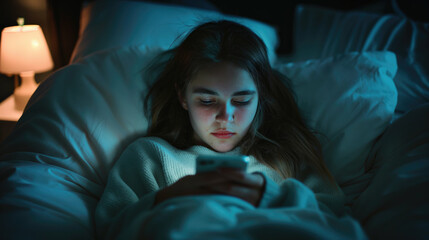 Teenager girl addicted to a phone lying in bed, insomnia, sad, bored in bed scrolling through social media networks at night. Generative AI.