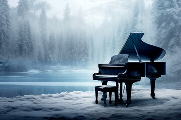 Wall Mural - The grand piano on the snow in winter season with snow forest background, the concept: a song about winter, music in winter