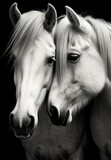 Fototapeta Konie - a black and white photo of two horses with their heads touching each other's foreheads in front of a black background.