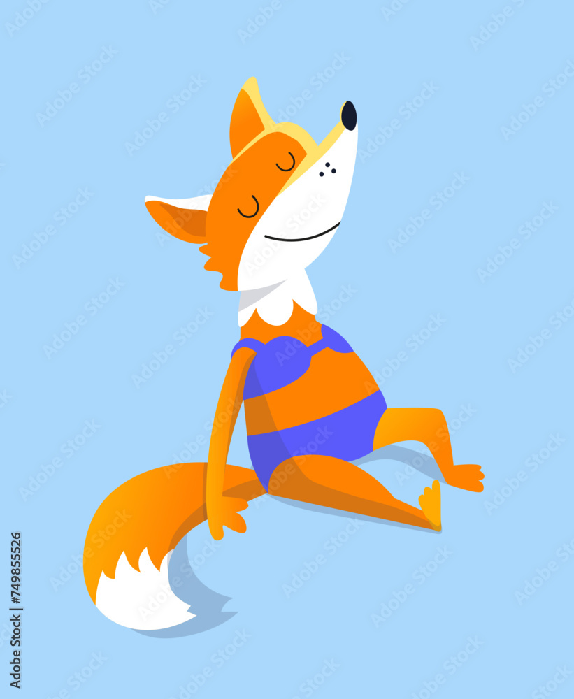Cartoon fox in swimming costume on beach in summer. Cute character in flat style. Vector flat isolated illustration on blue background.