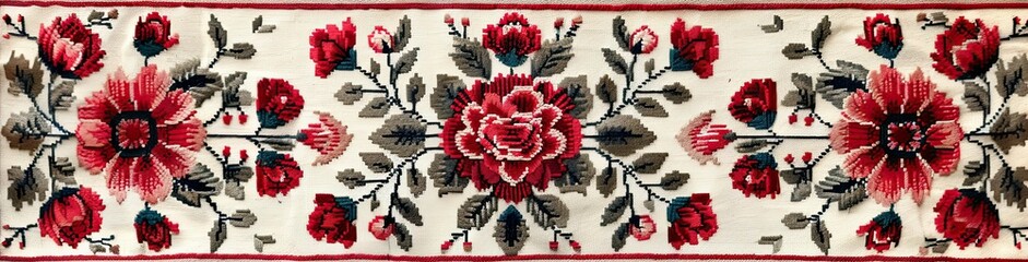 Poster - Embroidery on fabric. Fragment of colorful retro tapestry textile pattern with floral ornament useful as background