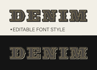 Leinwandbilder - Editable text effect in denim vintage style. Volumetric 3d letters with denim fabric texture and yellow thread stitches. Retro typography graphic style. For poster, header, title design