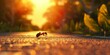 ant walking down the road at the sunset, in the style of photorealistic details, light gold and red