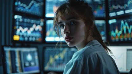Poster - Focused young woman working in high-tech control room with multiple computer monitors displaying graphs and data analysis. Technology and innovation in modern workplace.
