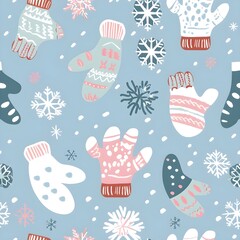 Poster - Seamless repeating pattern of snowmen, houses, and snowflakes, gloves
