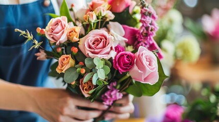 Wall Mural - Hands of a florist expertly arranging a beautiful bouquet of mixed roses, capturing the art of floristry.