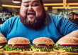 Fat man eating hamburger in fast food restaurant. Man with an obese body sits at table with bunch of hamburgers and fast food. Overweight man eating burger. Obesity, weight problems and diabetes