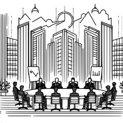 Wall Mural - Business team meeting, meeting of employees at the table, in an office with panoramic glazing, against the backdrop of the city, single-line vector image