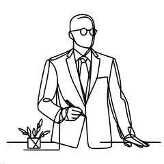 Wall Mural - A man in a formal business suit, a teacher, a professor, at his desk, a businessman, single line vector drawing, black line on a white background.