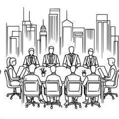 Wall Mural - Business team meeting, meeting of employees at the table, in an office with panoramic glazing, against the backdrop of the city, single-line vector image