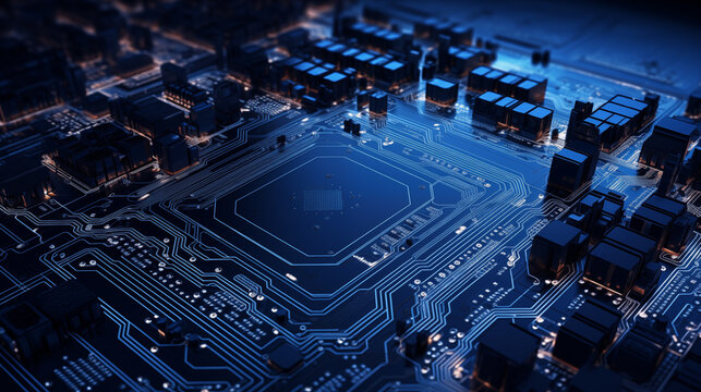 AI Processor chip circuit board Blue tech background template for web banner poster with copyspace for text