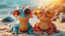  Two Toy Lizards Wearing Sunglasses Sit On The Sand At The Beach With The Sun Shining Through The Lens Of The One In The Foreground, And The Second One In The Foreground.