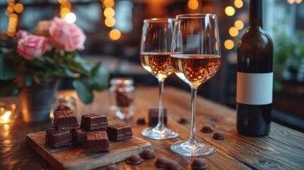 a couple of glasses of wine sitting next to a bottle of wine and a couple of pieces of chocolate on 