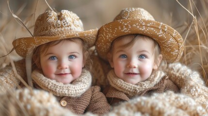  two young children wearing hats and scarves in a field of tall grass, one is smiling at the camera and the other is looking at the camera with blue eyes.