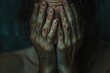 Scary woman with hands covering her face in fear and horror concept. A close-up portrait of a person covering their face with their hands, conveying a sense of shame or discomfort.
